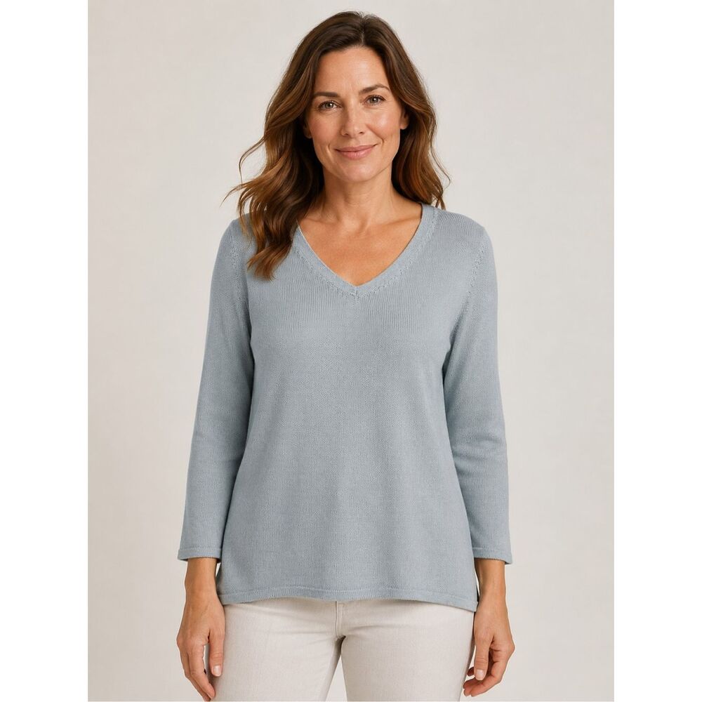 Eileen Fisher System Cotton Blend V Neck Sweater Size XL Light Blue Boxy